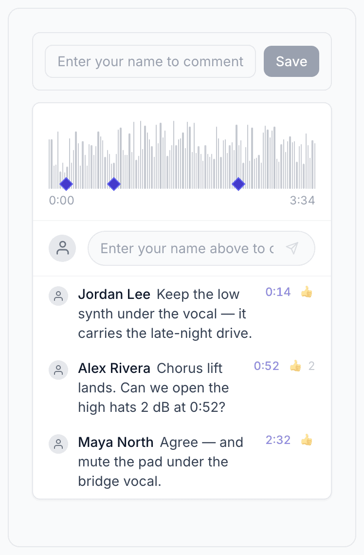 Guest comments on Night Drive: a waveform with three markers and timestamped comments from Jordan Lee at 0:14, Alex Rivera at 0:52, and Maya North at 2:32.