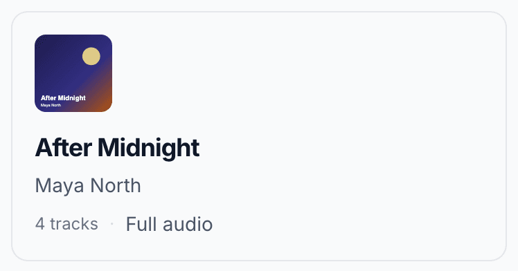 Guest page header: After Midnight by Maya North, 4 tracks, full audio.
