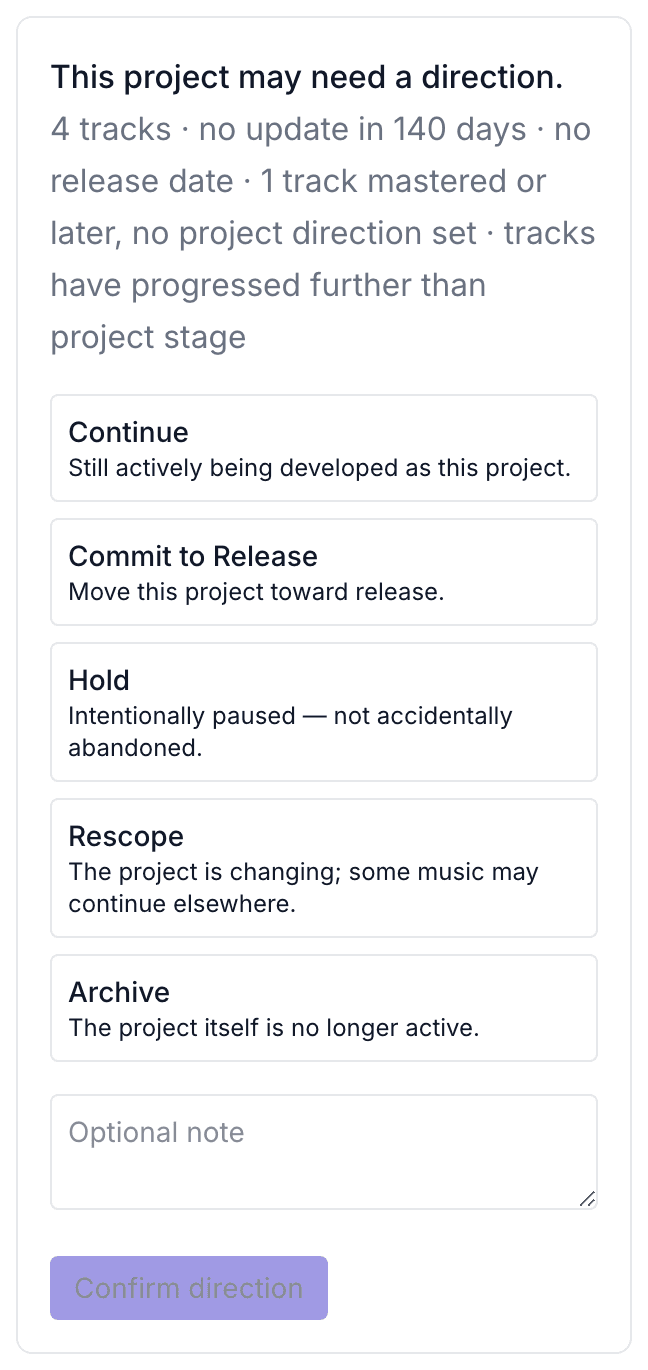This project may need a direction: 4 tracks, no update in 140 days, no release date, 1 track mastered or later with no project direction set. Options: Continue, Commit to Release, Hold, Rescope, Archive; optional note; Confirm direction.