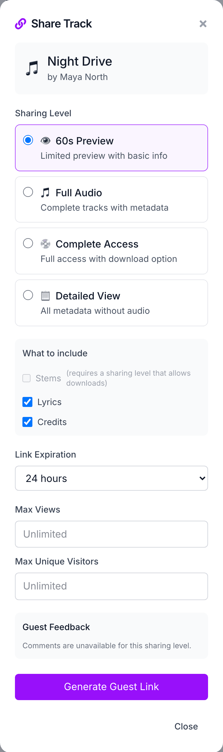Share Track for Night Drive by Maya North: sharing levels 60s Preview, Full Audio, Complete Access, Detailed View; include lyrics, credits, stems (needs a download level); expiration 24 hours; unlimited views and visitors; Generate Guest Link.